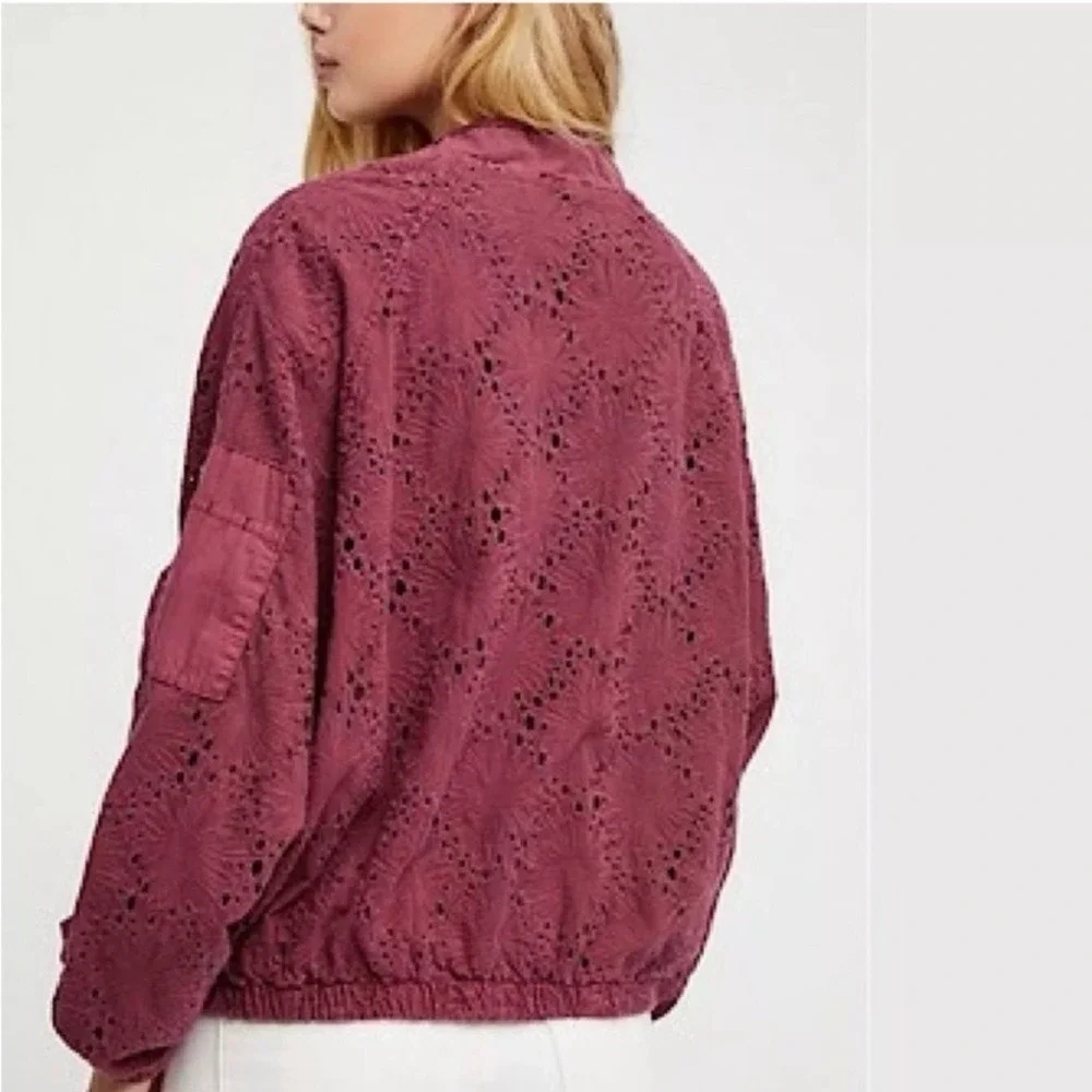 Free People Daisy Jane Eyelet Embroidered Bomber Jacket In Raspberry